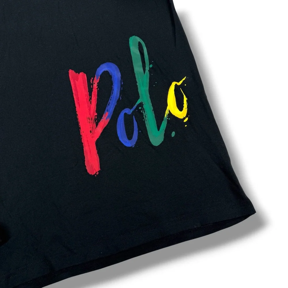 Polo‎ Ralph Lauren Mens Black Long Sleeve Rainbow Script Logo Graphic T-Shirt M